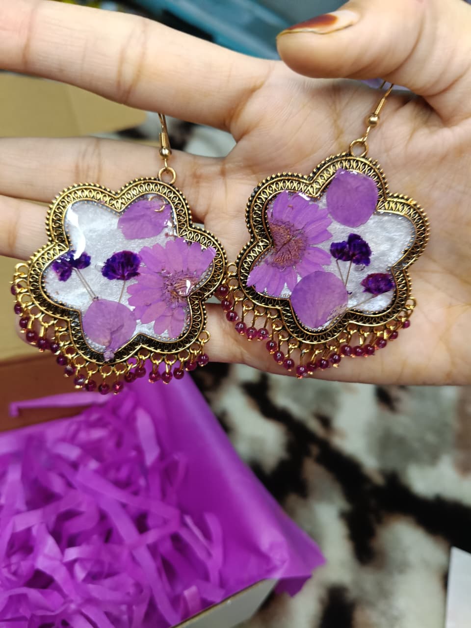 Royal Blossom Resin Earrings – Purple Dream