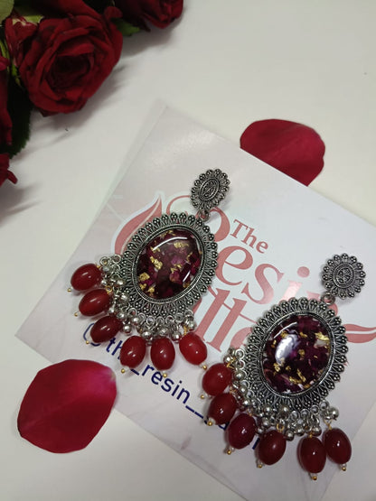 Royal Scarlet Bloom Real Rose Resin Earrings