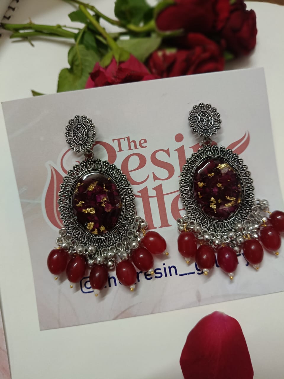 Royal Scarlet Bloom Real Rose Resin Earrings