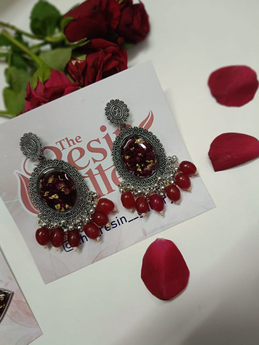 Royal Scarlet Bloom Real Rose Resin Earrings