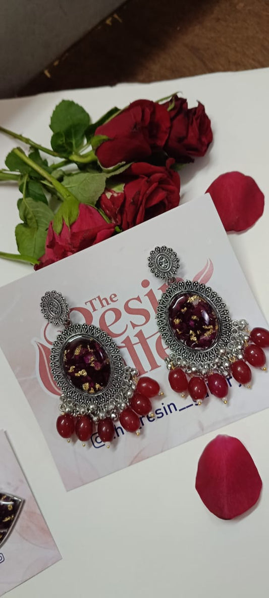 Royal Scarlet Bloom Real Rose Resin Earrings