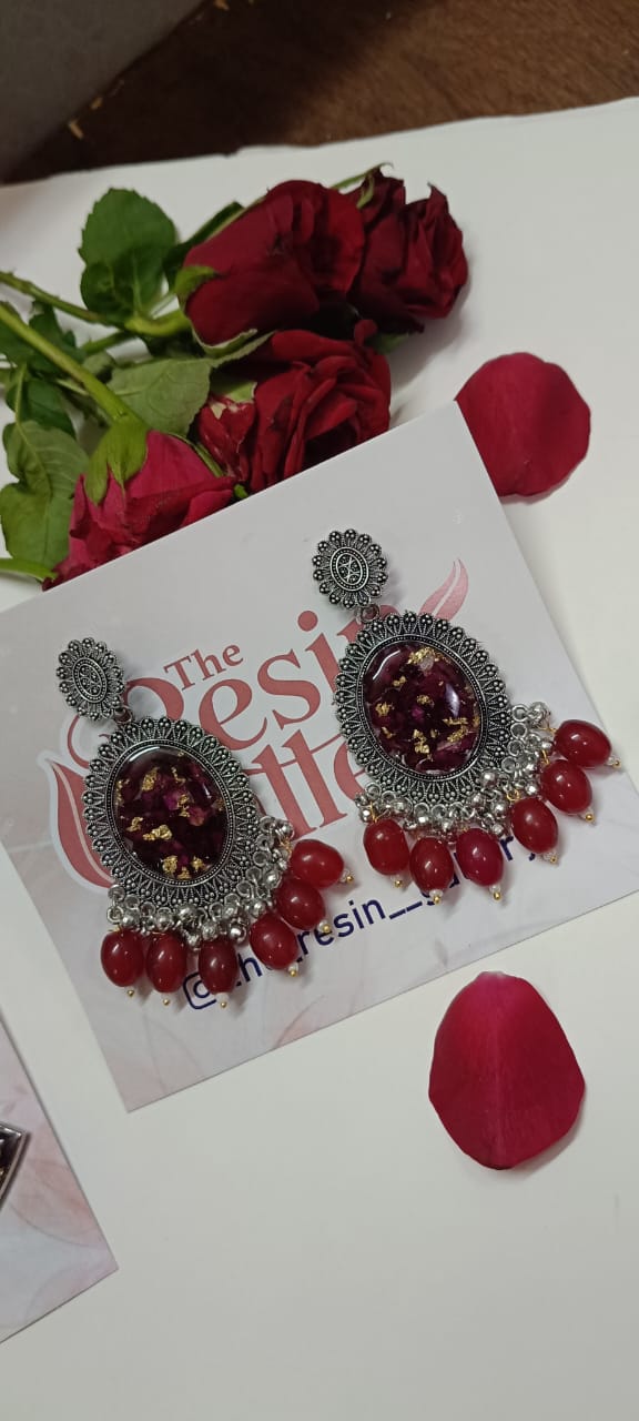 Royal Scarlet Bloom Real Rose Resin Earrings