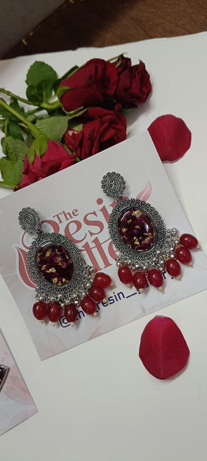 Royal Scarlet Bloom Real Rose Resin Earrings