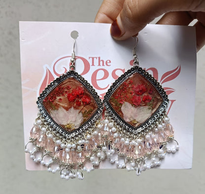 Crimson Pearl Bloom Resin Earrings
