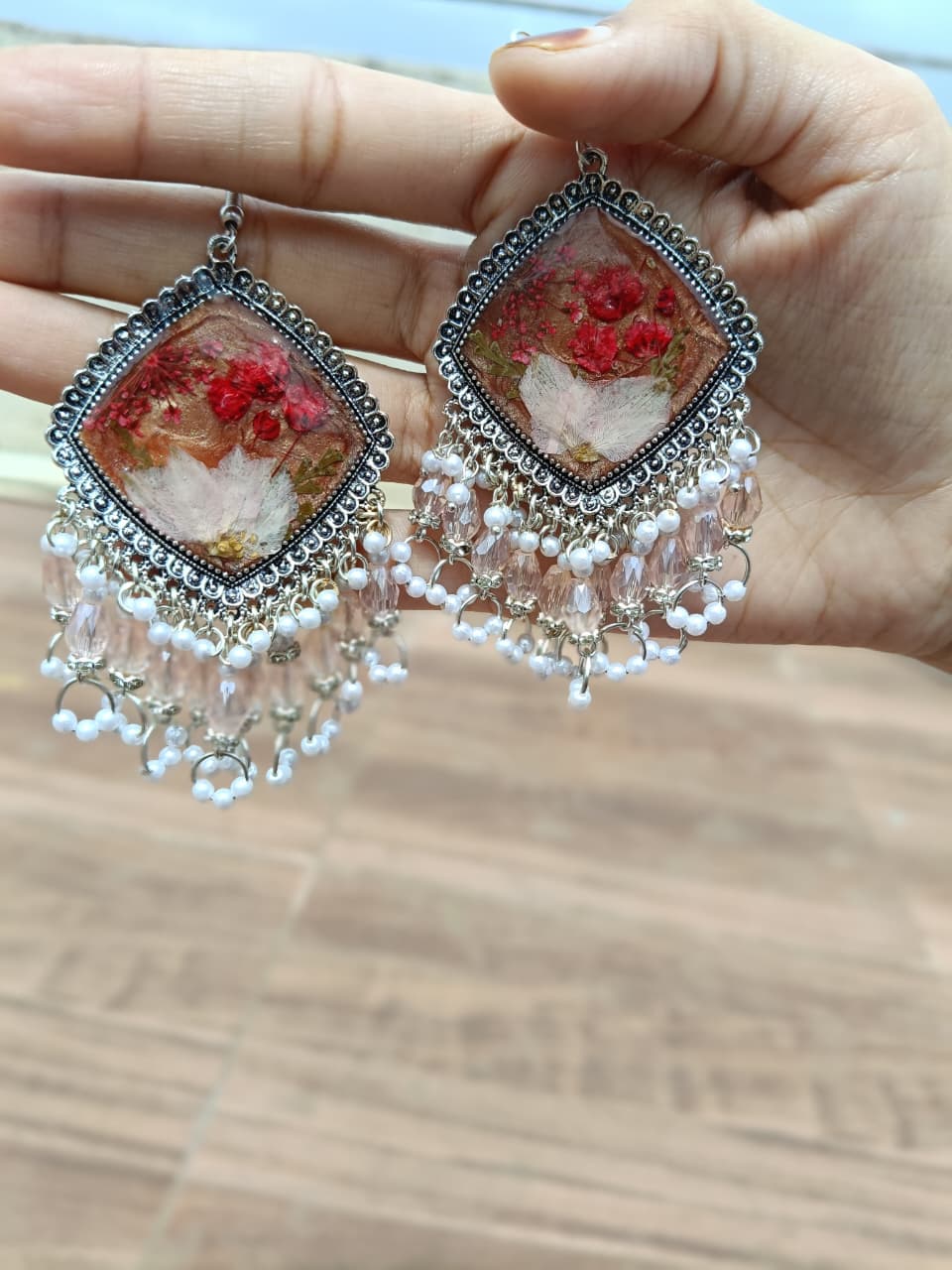 Crimson Pearl Bloom Resin Earrings