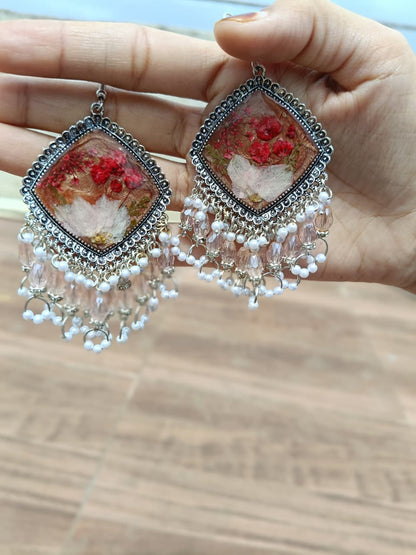 Crimson Pearl Bloom Resin Earrings