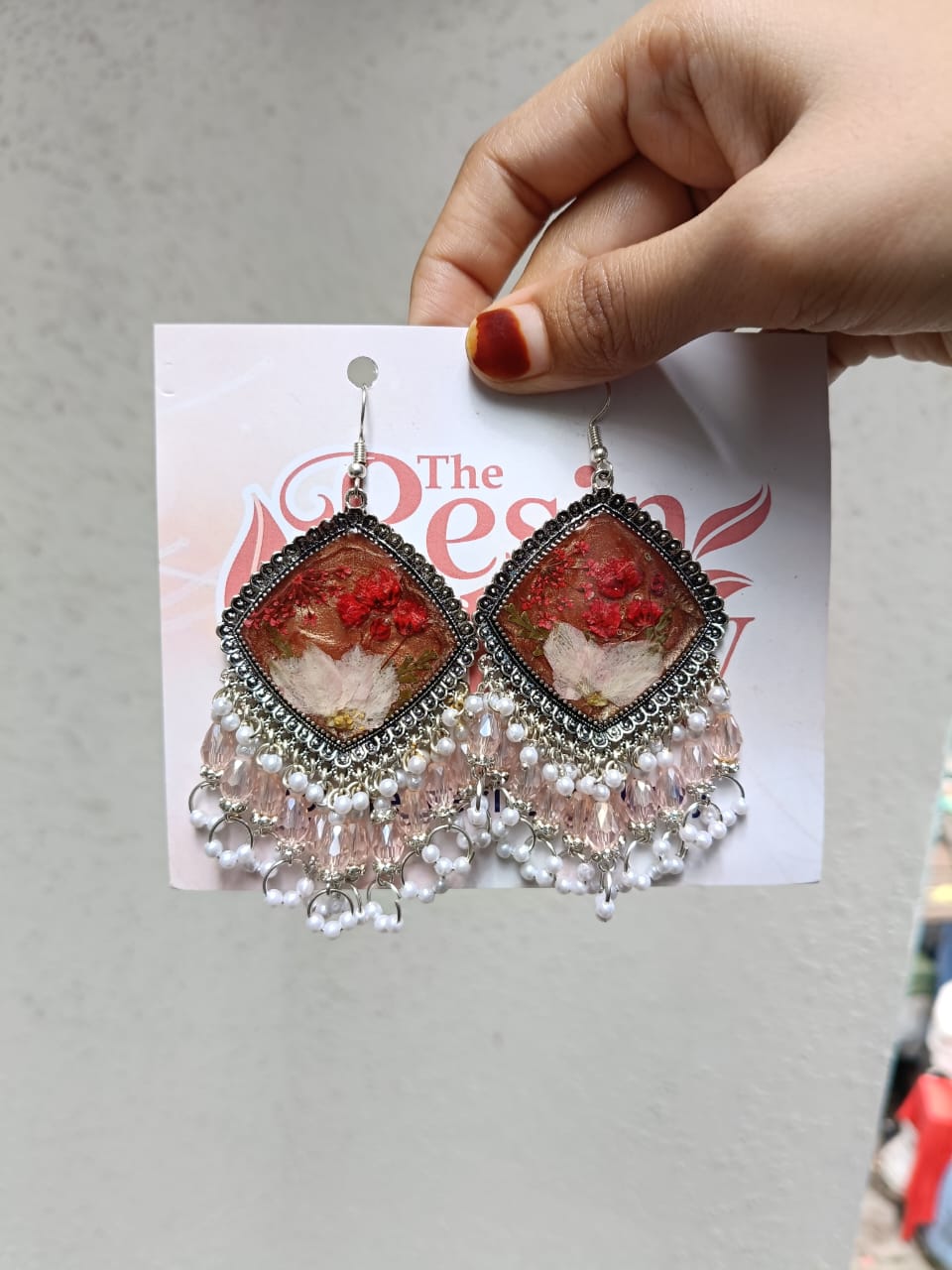 Crimson Pearl Bloom Resin Earrings
