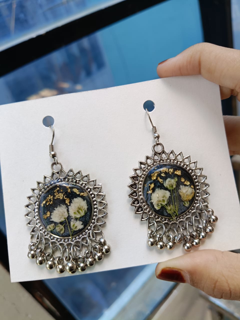 Black & Golden Bloom Resin Earrings