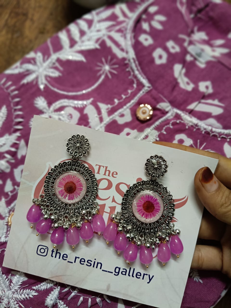 Pink Blossom Resin Chandbali